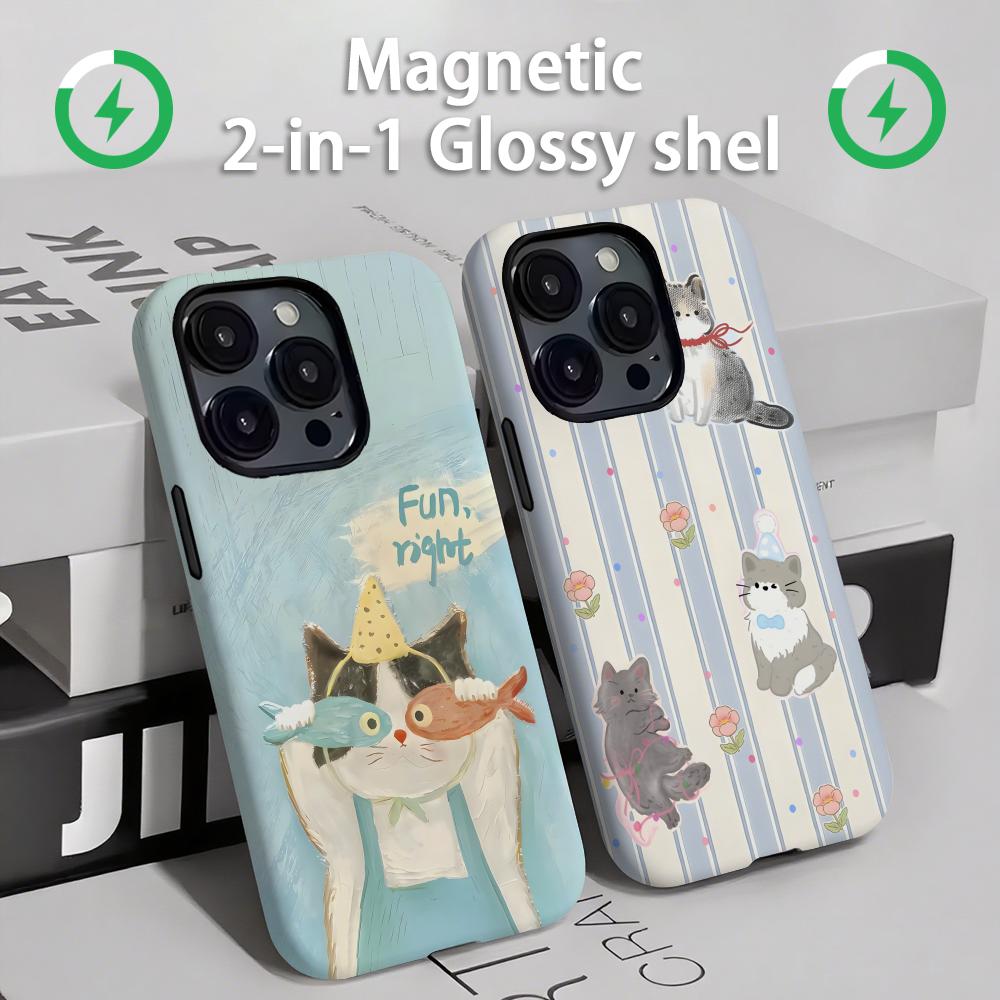 Phone Cases For Iphone 11 - แมวและสุนัขน่ารักเคสโทรศัพท์แม่เหล็ก 2-in-1 Glossy SHELL สําหรับ iPhone